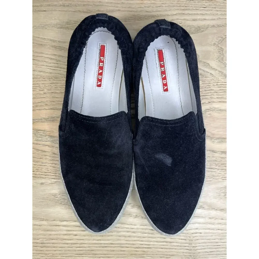 PRADA Saint Tropez Espadrille Slip On Platform Sneakers Black Suede Size 7.5